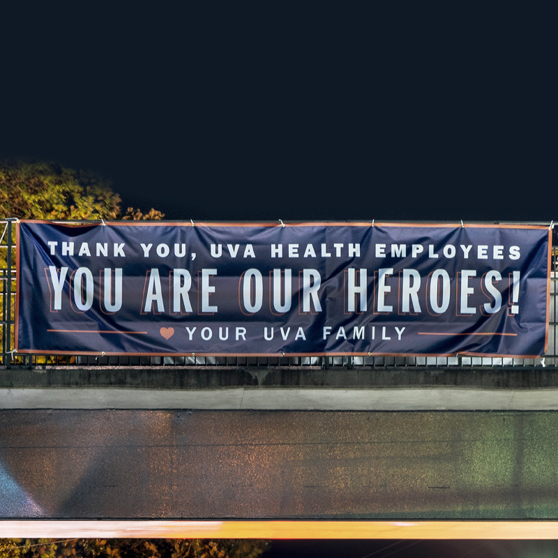 A temporary banner on a UVA bridge. This image links to the temporary banner page. 