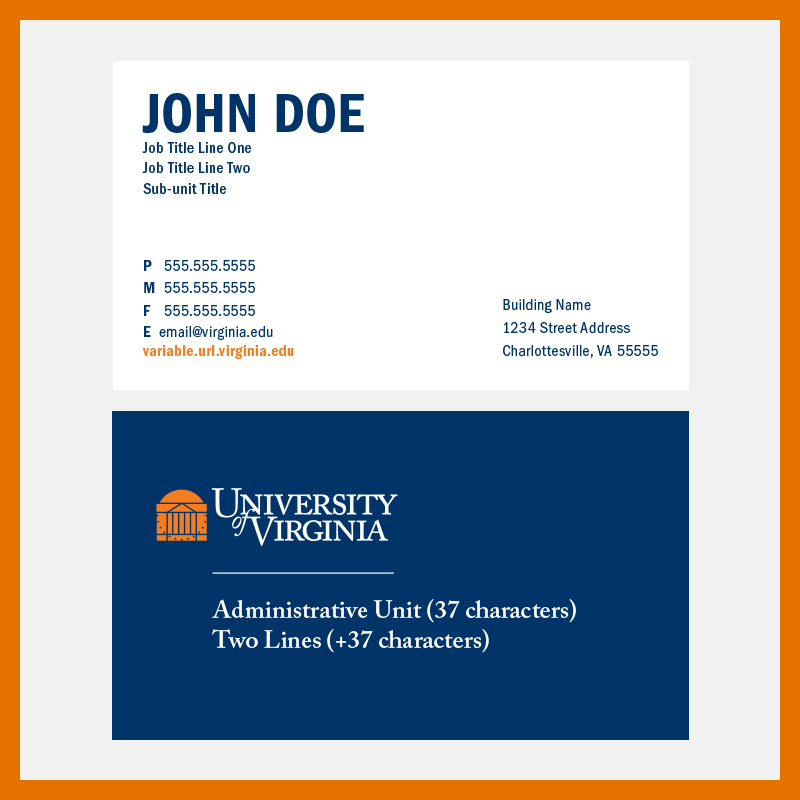 University of Virginia business card option containing no image of the Rotunda with a customizable administrative logo with two lines.
