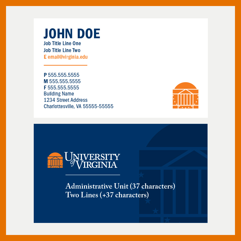 University of Virginia business card option containing a smaller image of the Rotunda with a customizable administrative logo with two lines.