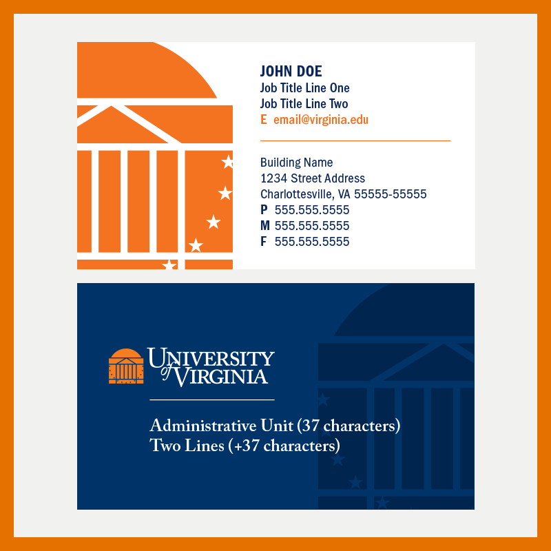 University of Virginia business card option containing a large image of the Rotunda with a customizable administrative logo with two lines.