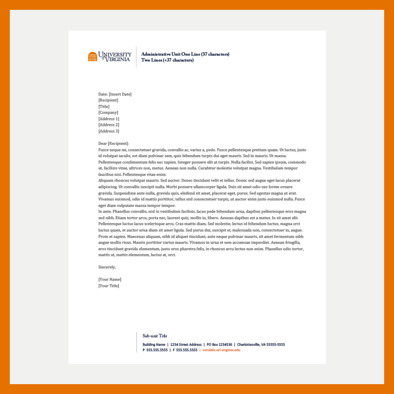 University of Virginia print letterhead with a customizable administrative logo at the top and a customizable department, unit, and address on the bottom.