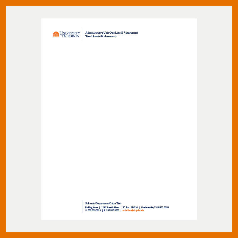 University of Virginia notepad with a customizable administrative logo in the upper-left corner and a customizable department, unit, and address in the bottom center.
