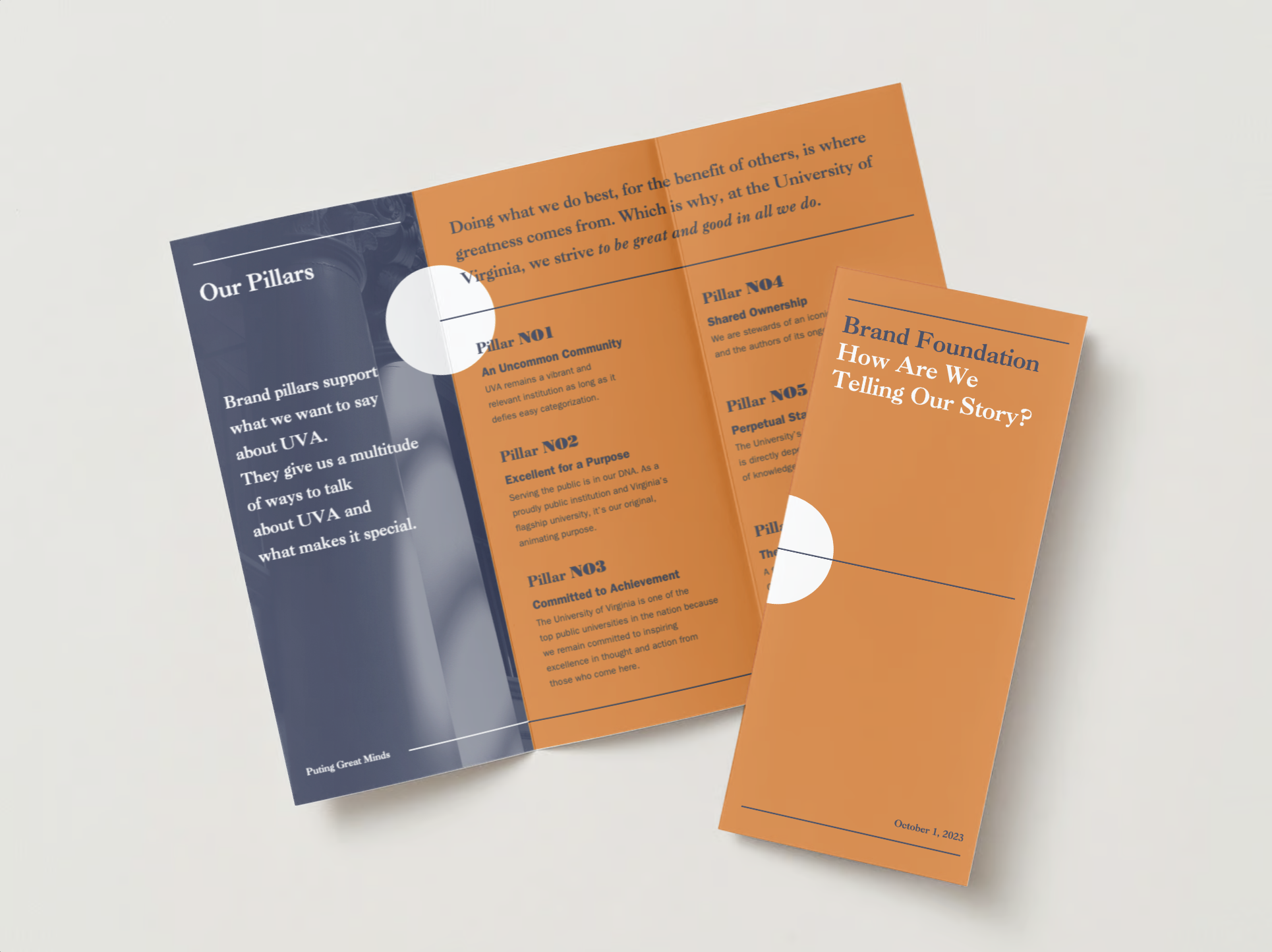 Mockup of an orange brochure with white feature dots