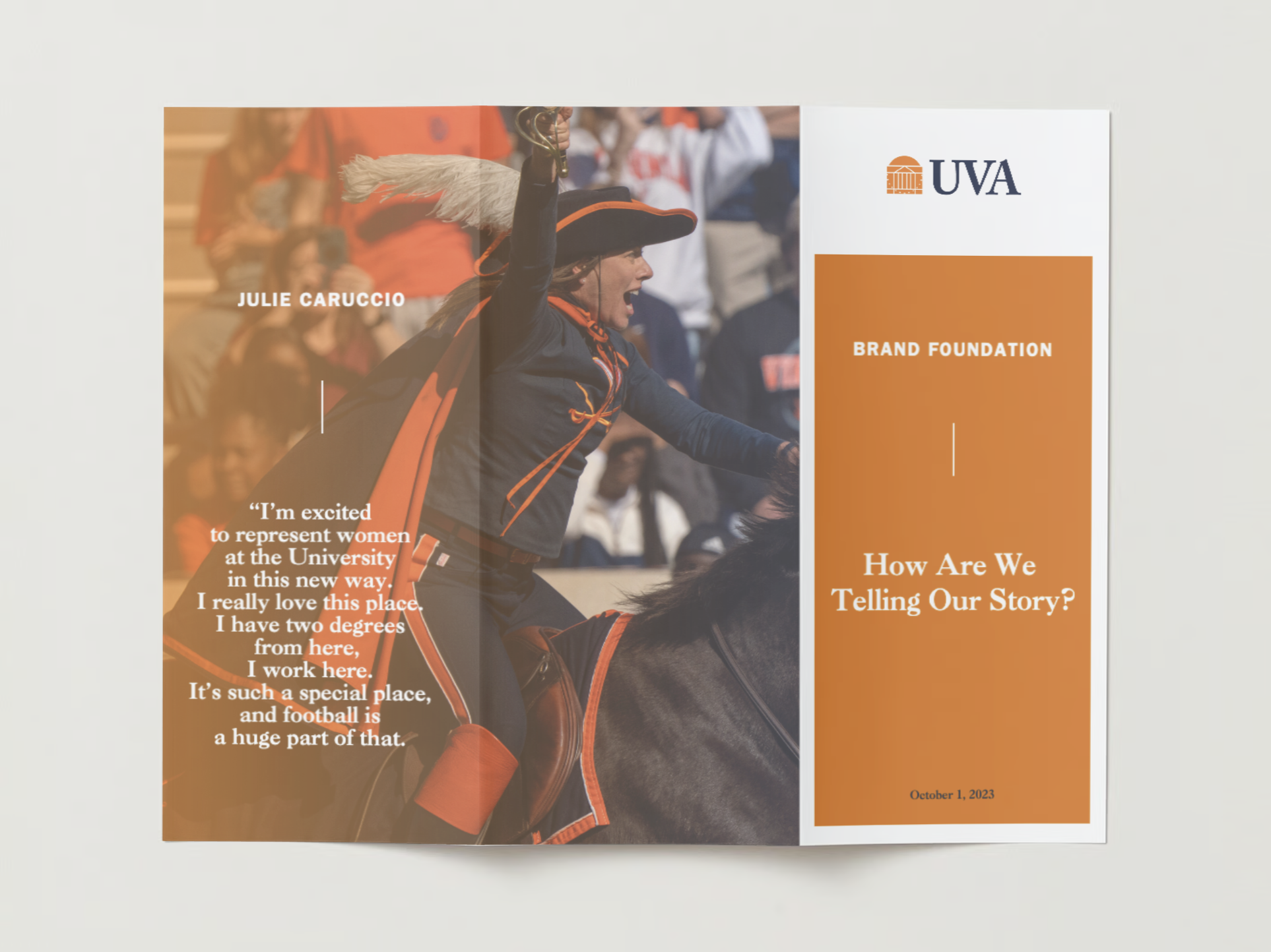 a mockup of a brochure with the Cavalier riding during a football game.