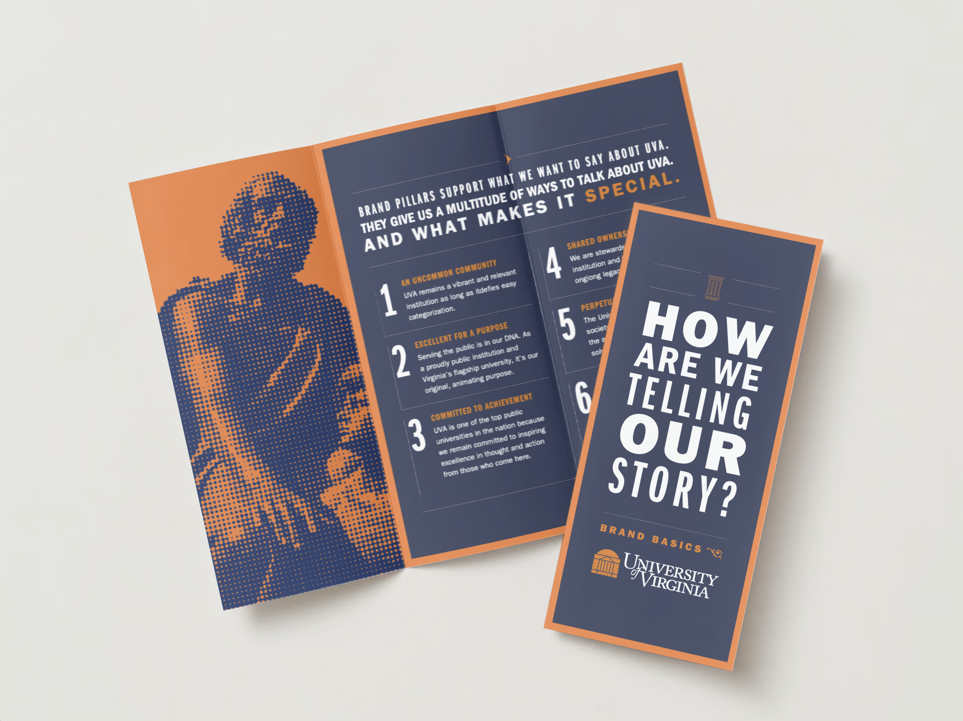 Mockup of a dark blue brochure with a pretreated image of the socrates statute on front