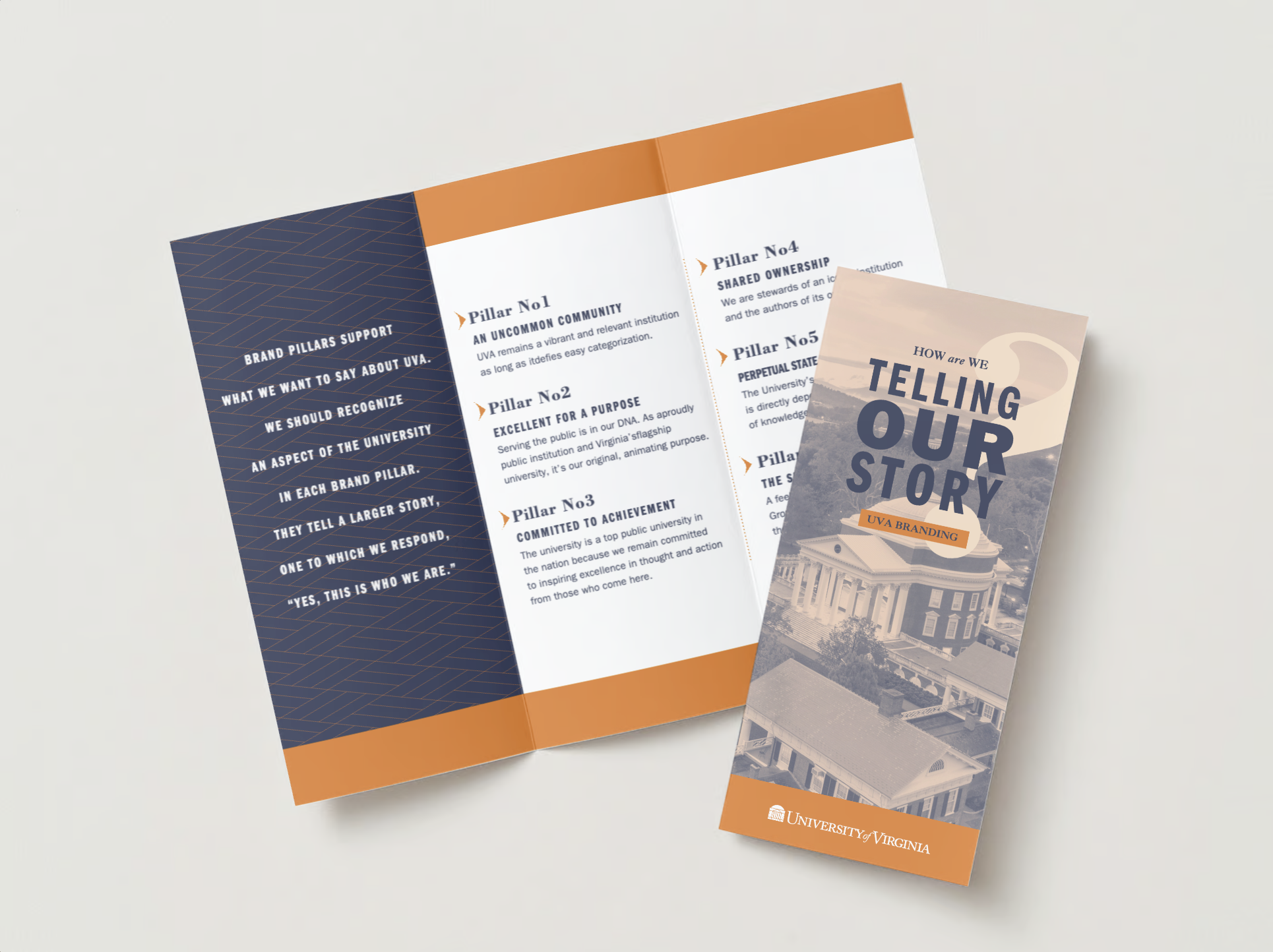 Mockup of a white and orange brochure with a drone picture of the lawn.