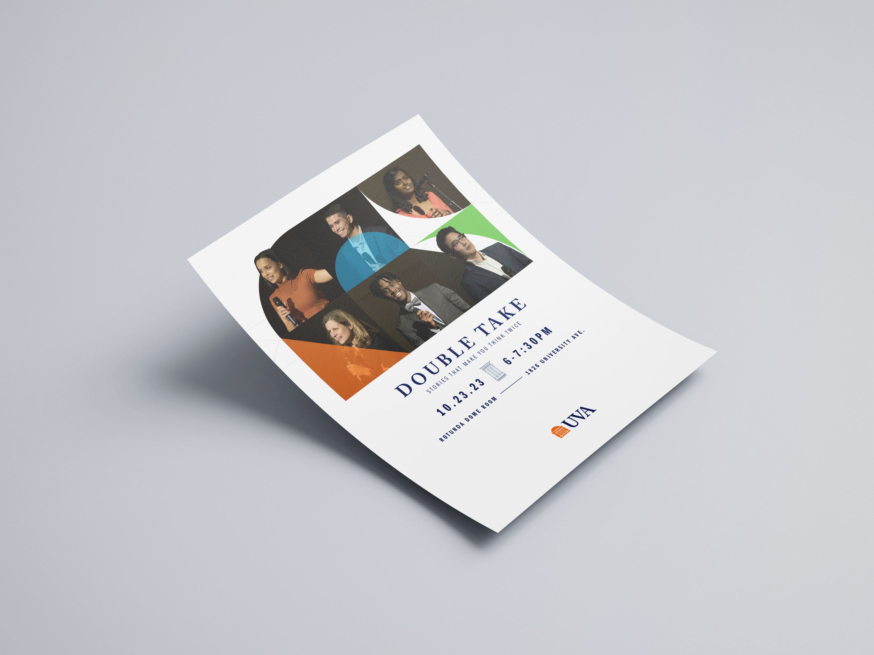 a mockup of a white UVA flyer with people's portaits.