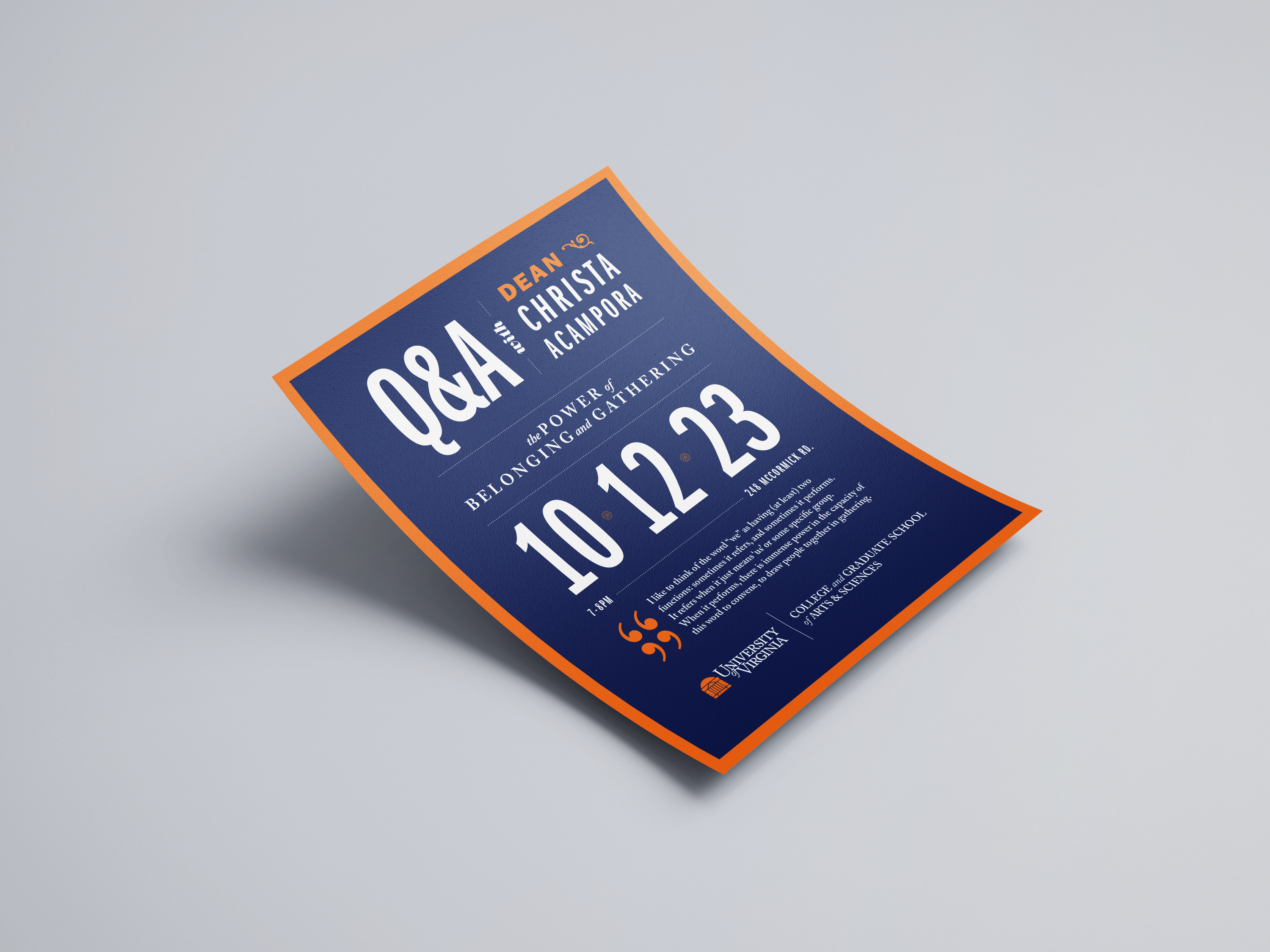 a mockup of a blue UVA flyer with large bold white text