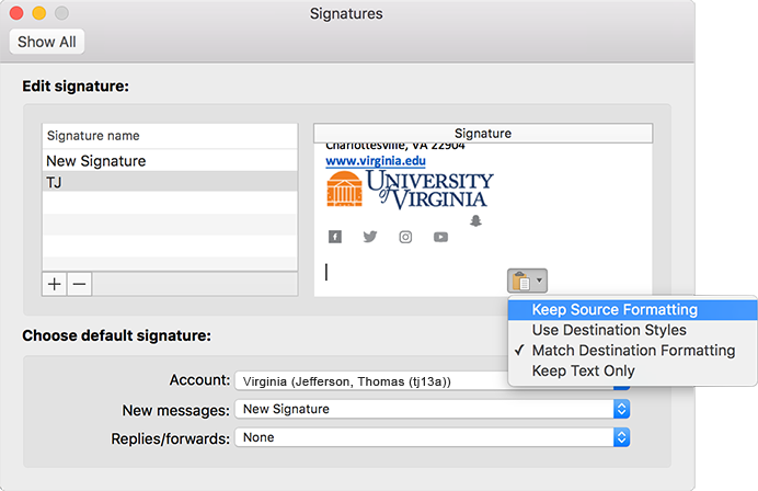 Email Signature window for newer versions of Mack Outlook.