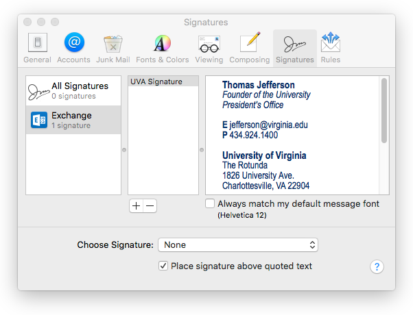 Email Signature settings box for Mac Mail.