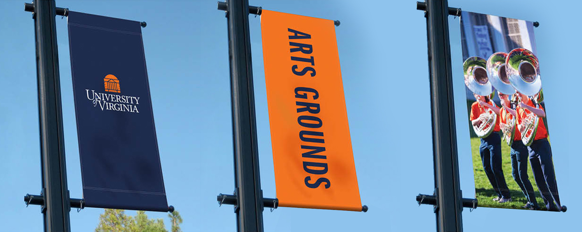 Collage of accepted light pole banners showing the university logo centered on a banner, lettering on a banner, and photography on a banner.  