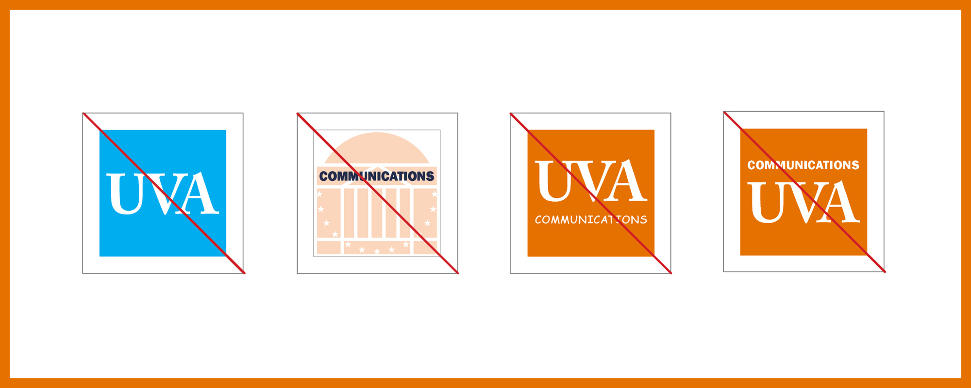 Examples of incorrect social media avatars: UVA logo on the wrong colored background, writing over the rotunda or other logo elements, incorrect font usage, or moving elements of the logo around. 
