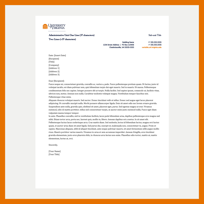 University of Virginia print letterhead with a customizable administrative logo in the upper-left corner and a customizable department, unit, and address to the upper right.