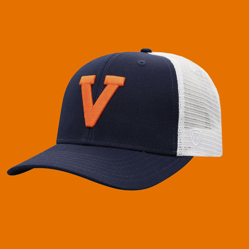 Blue and White cap with an Orange block V on the front. The cap is sitting against an orange background.