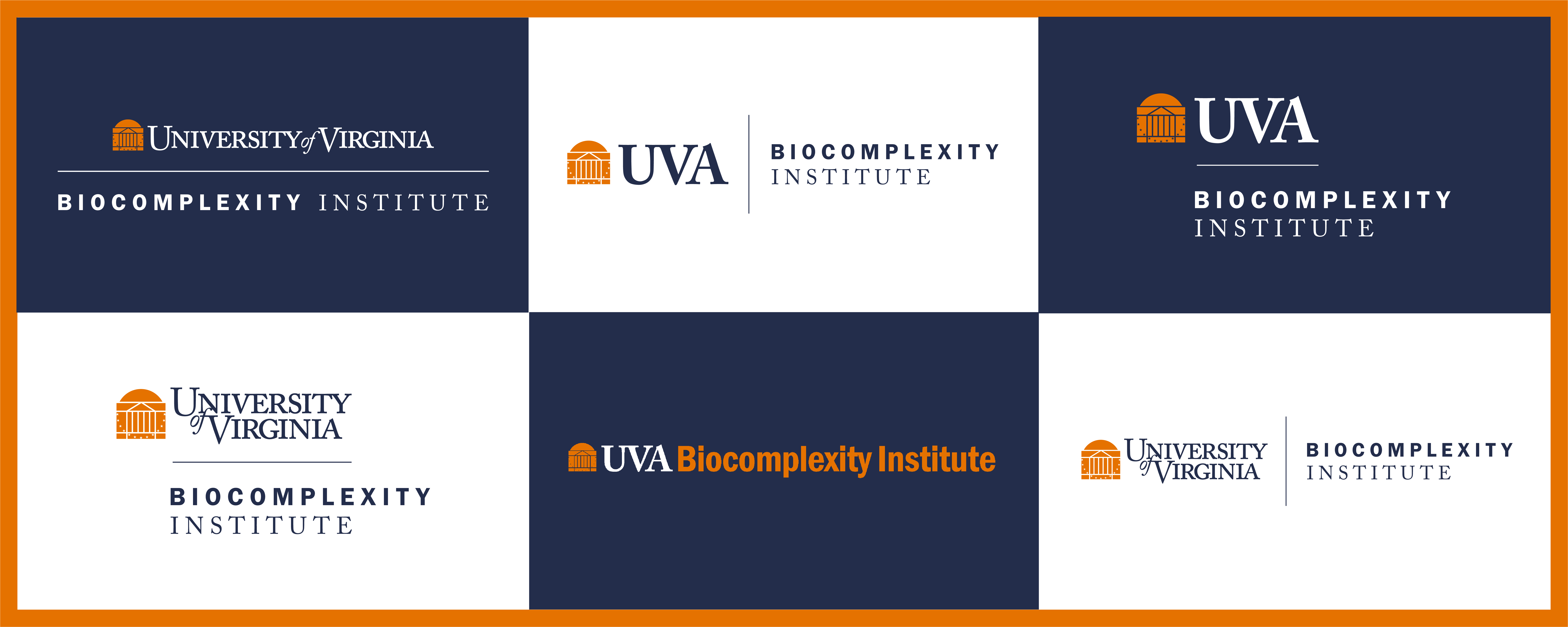 All six logo lockups for the Biocomplexity Institute arranged in a 3 by 3 grid.
