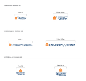 Examples of UVA UVA Logos Minimum Size; For print the primary logo should be no smaller then 1 inch, horizontal logo 2 inches and centered logo 3/4 an inch; For digital the primary logo should be no smaller then 120px, the horizontal logo 216px and the centered logo 96px