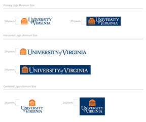 Examples of the the different digital versions of the UVA Logo where the Rotunda is always at the minimum size of 20px tall